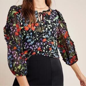 MAEVE ANTHROPOLOGIE Jacquin Black Floral Peasant Top Spring Size XS